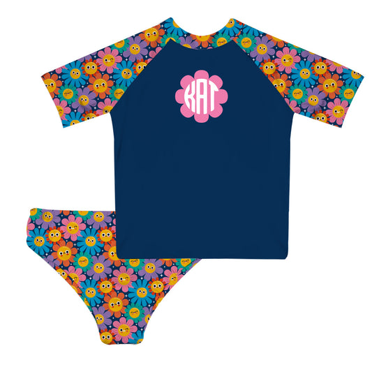 Flowers Print Personalized Monogram Navy 2pc Short Sleeve Rash Guard