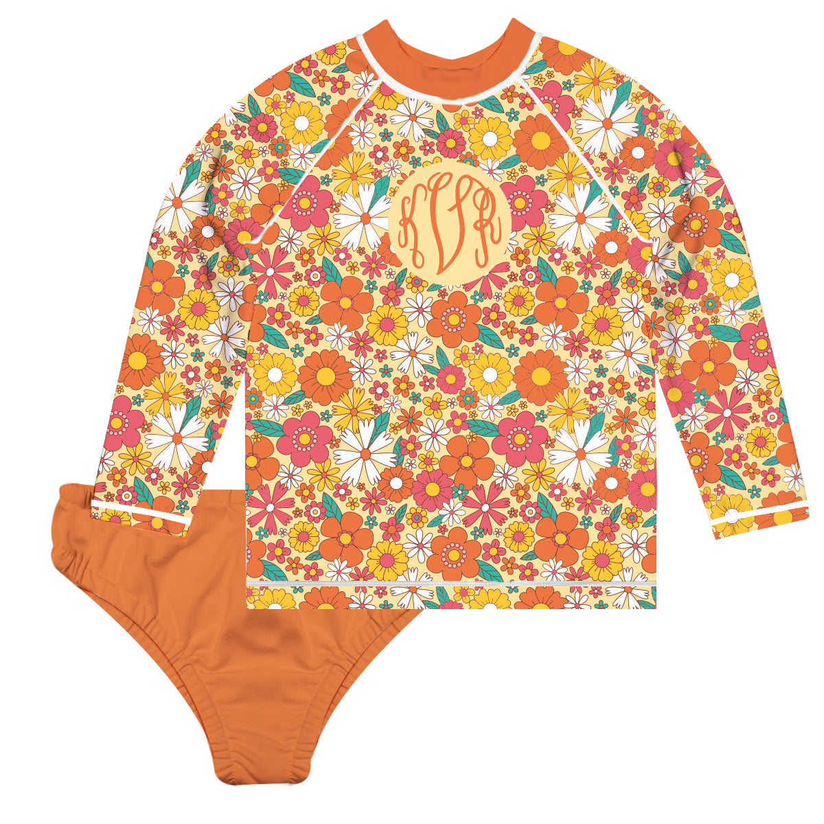 Floral Print Personalized Monogram Orange 2pc Long Sleeve Rash Guard