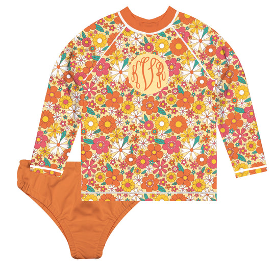 Floral Print Personalized Monogram Orange 2pc Long Sleeve Rash Guard