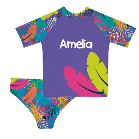 Feathers Print Personalized Name Purple 2pc Short Sleeve Rash Guard