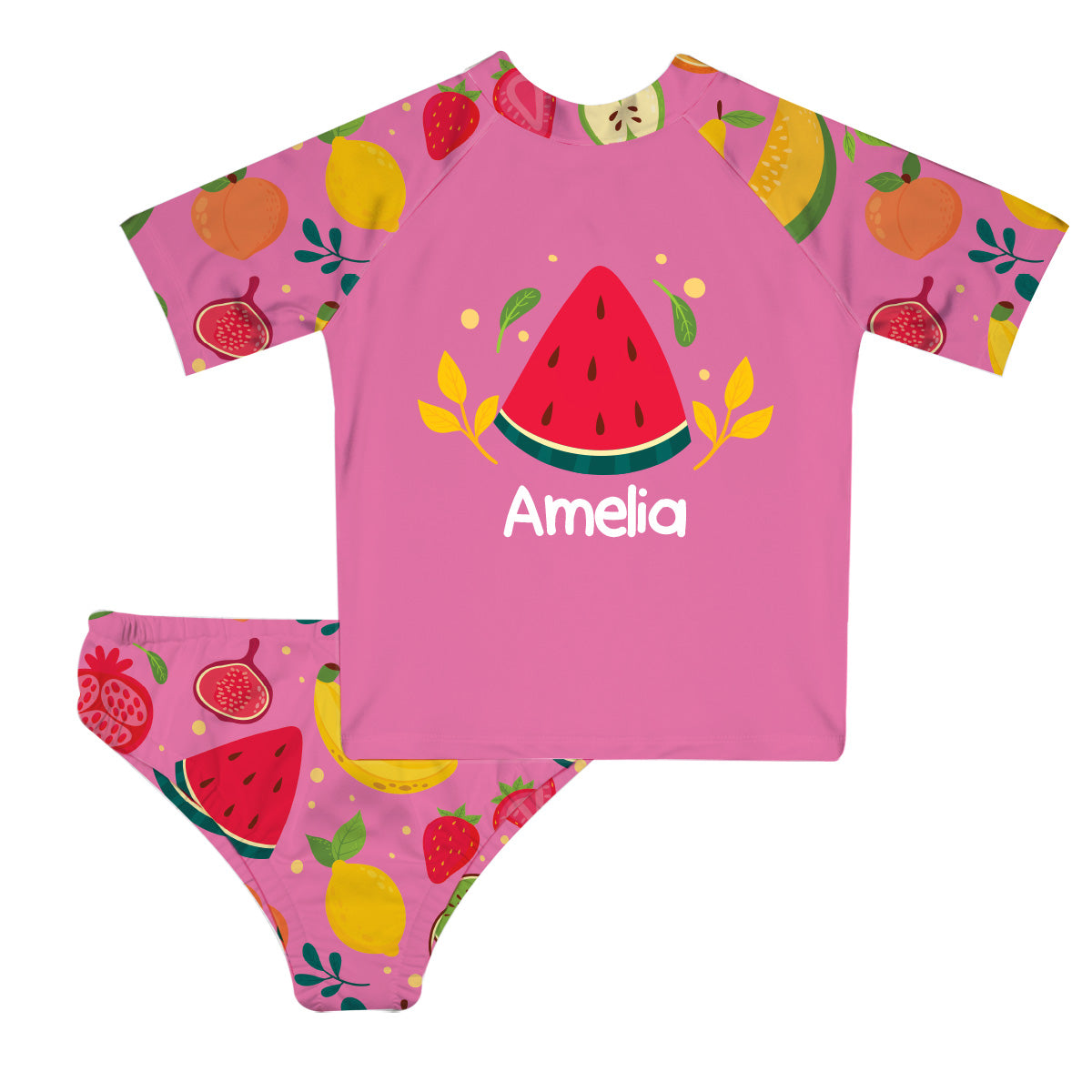 Fruits Print Personalized Name Pink 2pc Short Sleeve Rash Guard