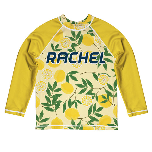 Lemons Print Personalized Name Yellow Long Sleeve Rash Guard