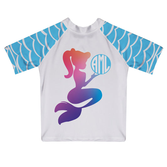 Mermaid Monogram White and Light Blue Short Sleeve Rash guard