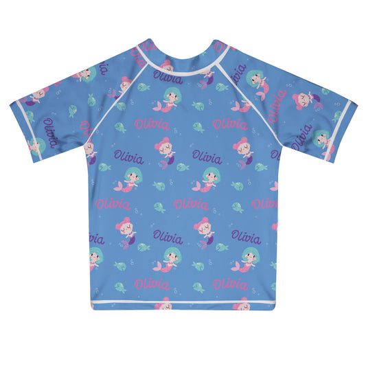 Mermaids and Name Print Blue Short Sleeve Rash Guard