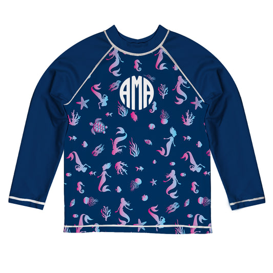 Mermaid Print Personalized Monogram Navy Long Sleeve Rash Guard