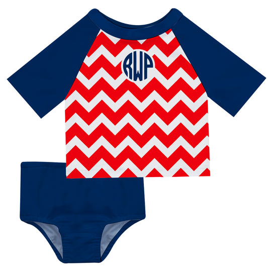 Monogram Chevron Red and Navy 2pc Short Sleeve Rash Guard - Wimziy&Co.