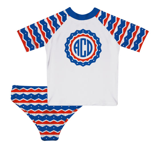 Americana Monogram White Blue and Red 2Pc Short Sleeve Rash Guard - Wimziy&Co.