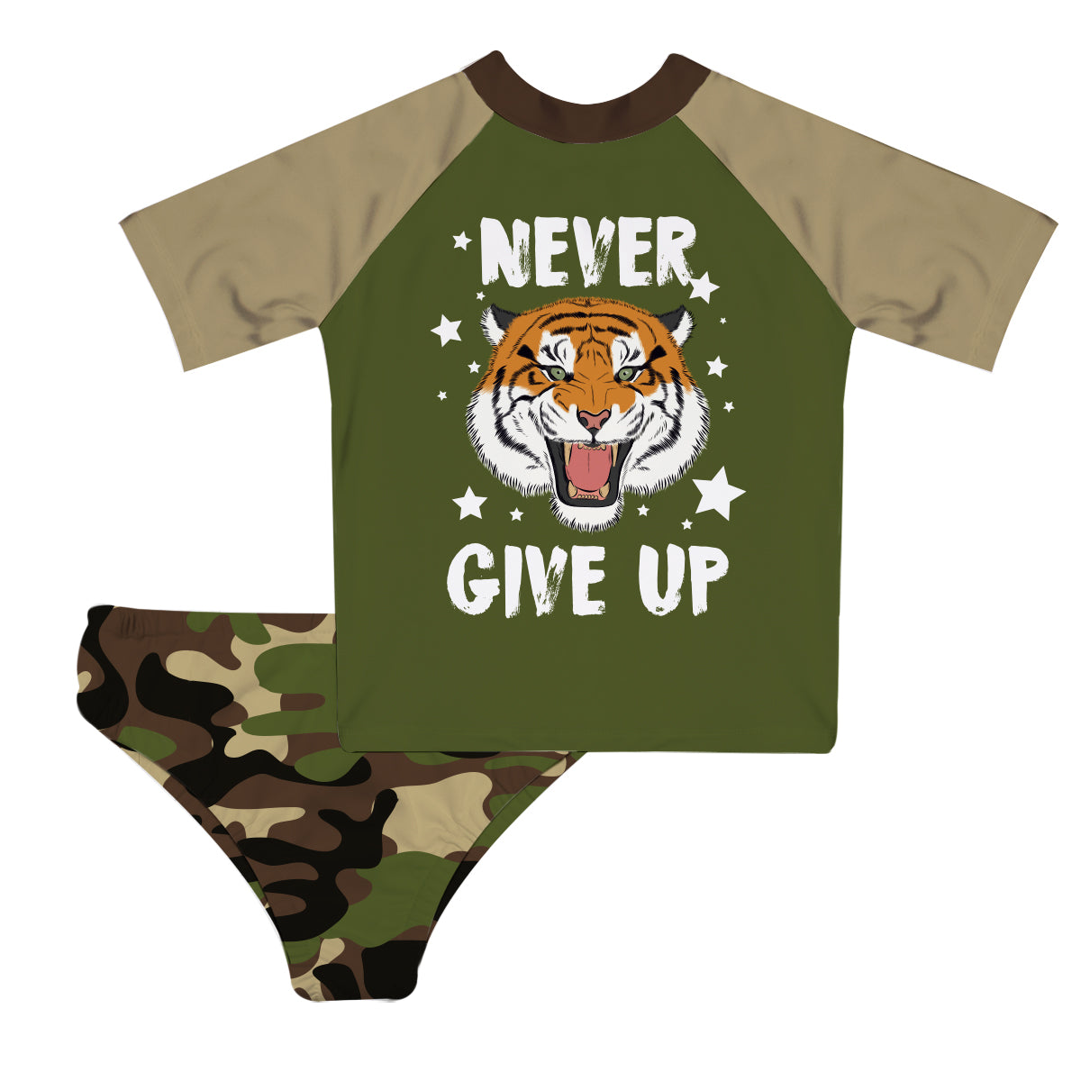 Never Give Up Green 2pc Short Sleeve Rash Guard