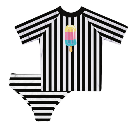 Popsicle White and Black Stripes 2pc Short Sleeve Rash Guard