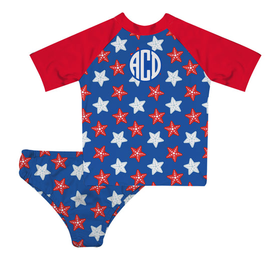 Stars Print Monogram Blue and Red 2pc Short Sleeve Rash Guard - Wimziy&Co.