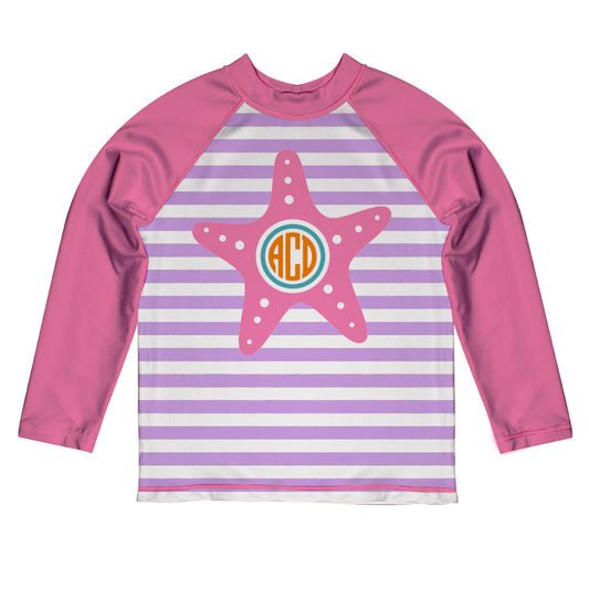 Star Monogram Pink White and Purple Stripes Long Sleeve Rash Guard