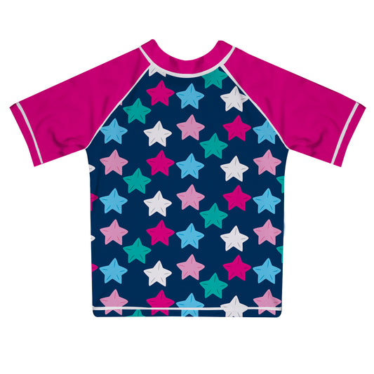 Stars Print Navy and Pink Short Sleeve Rash Guard