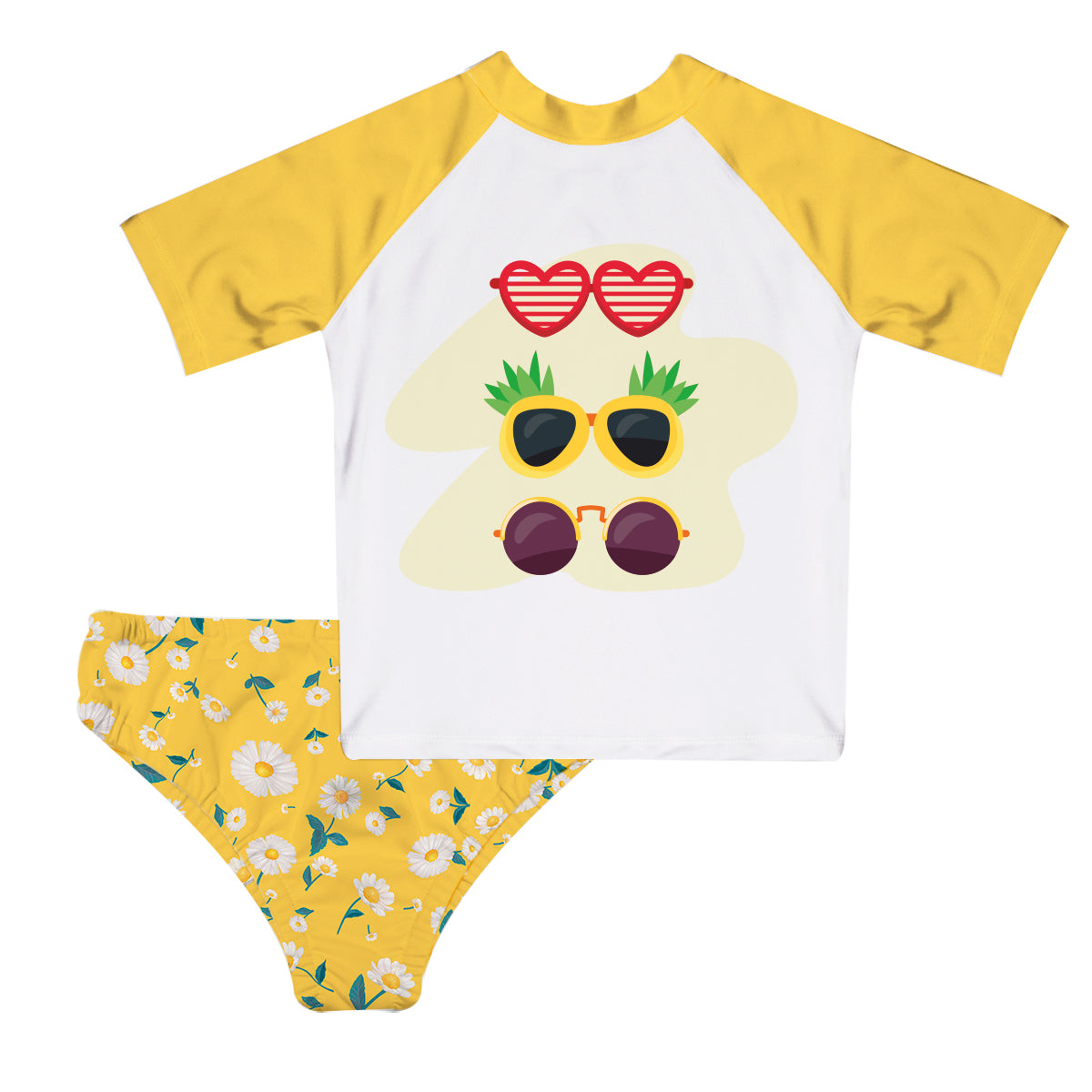 Sunglasses White and Yellow 2pc Short Sleeve Rash Guard