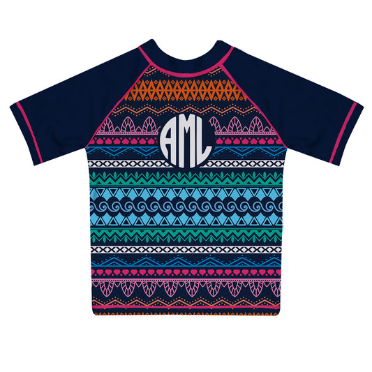 Tribal Print Monogram Navy Short Sleeve Rash Guard
