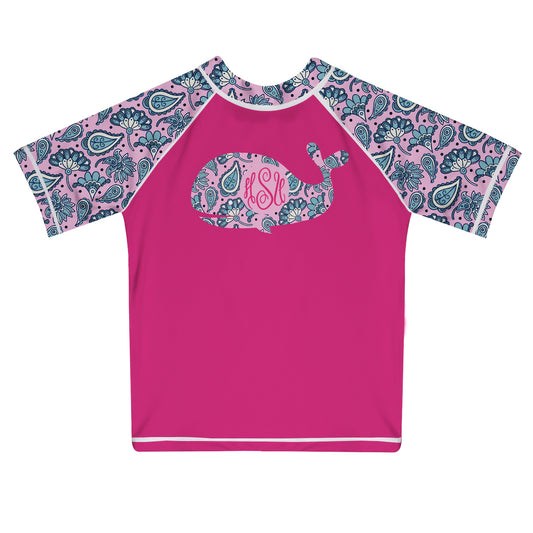 Whale Paisley Print Monogram Hot Pink Short Sleeve Rash Guard