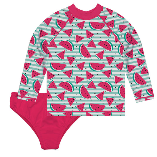 Watermelon Print Hot Pink and Mint Stripes 2pc Long Sleeve Rash Guard