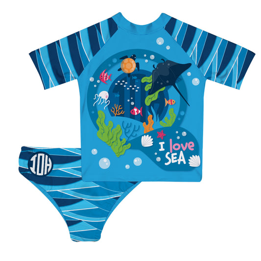 I Love Sea Print Personalized Monogram Blue 2pc Short Sleeve Rash Guard