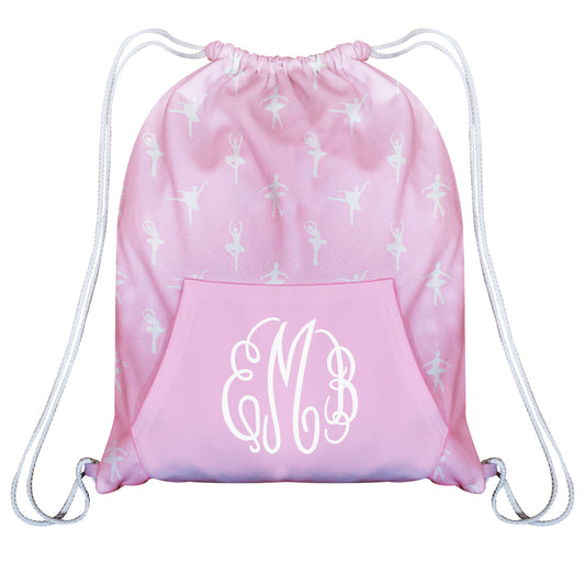 Ballerina Print Monogram Light Pink Fleece Gym Bag With Kangaroo Pocket 14x 19""