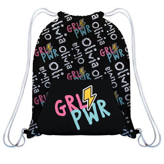 Girl Power and Name Print Black Fleece Gym Bag with Kangaroo Pocket 14 X 19""