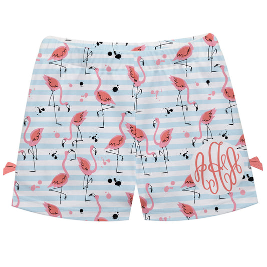 Flamingos Personalized Monogram Light Blue and White Stripes Bows Short