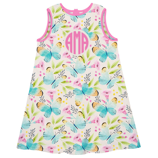 Personalized Monogram Buttlerflies Print Beige A Line Dress