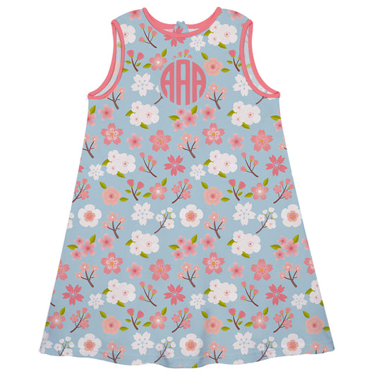 Flowers Print Monogram Light Blue A Line Dress