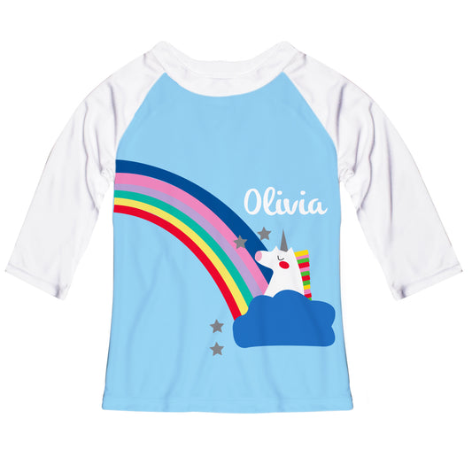Unicorn Personalized Name Light Blue and White Raglan Tee Shirt 3/4 Sleeve