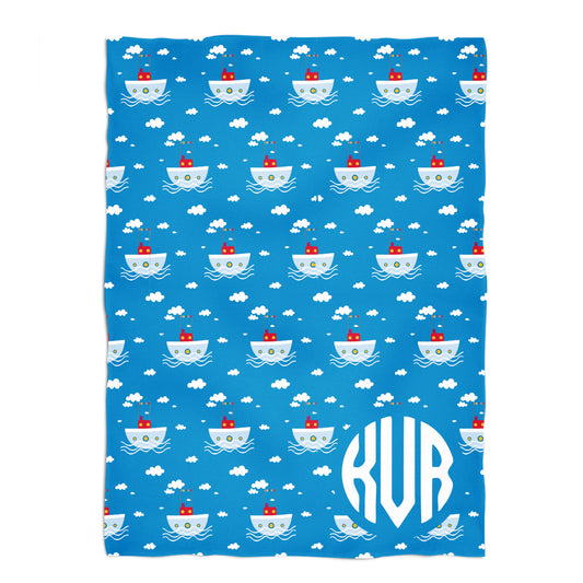 Boats Print Personalized Monogram Blue Plush Minky Throw
