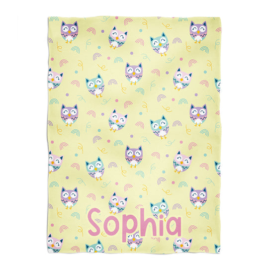 Owls Print Personalized Name Yellow Minky Throw