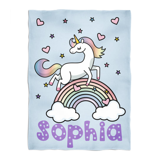 Unicorn and Rainbow Personalized Name Light Blue Plush Minky Throw