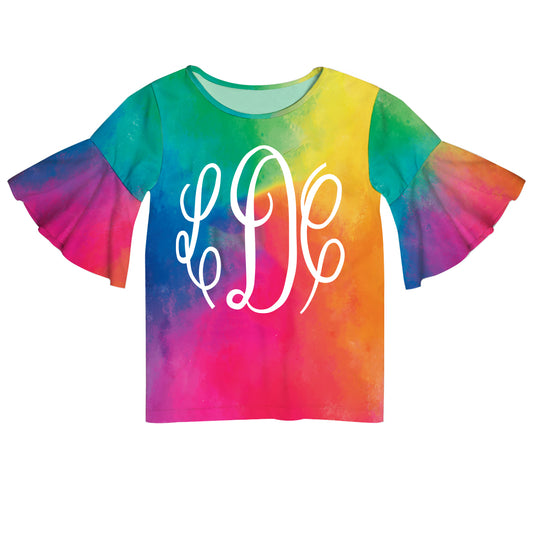 Monogram Water Color Short Sleeve Ruffle Top - Wimziy&Co.