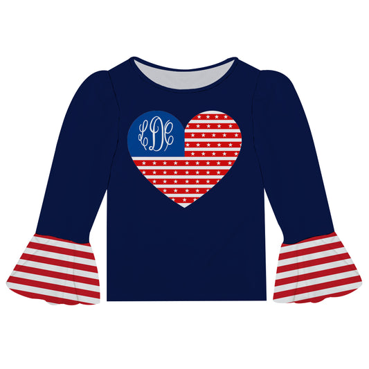 Heart USA Flag Monogram Navy Long Sleeve Ruffle Top