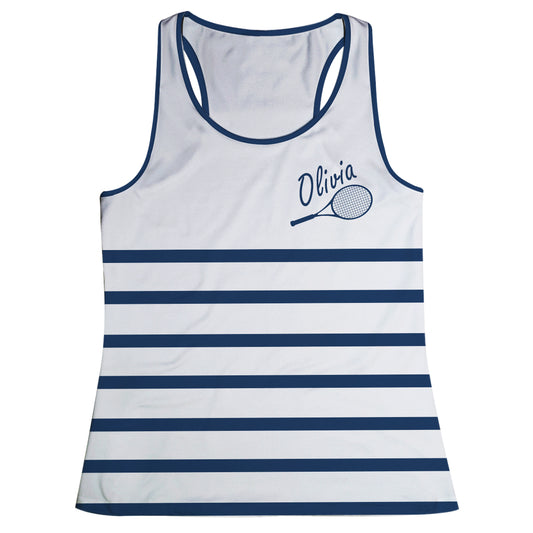 Tennis Raquet Name White and Navy Stripes Tank Top