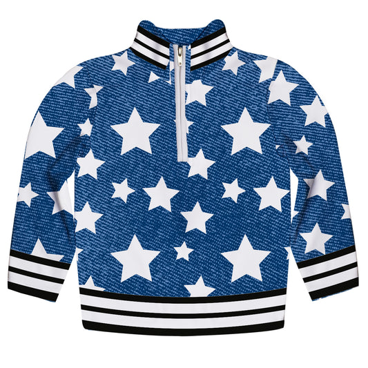 Stars Print Blue Denim Heavy Weight Performance 4-Way Stretch 1/4 Zip Pullover