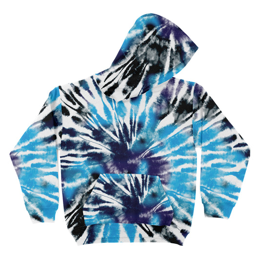 Tie Dye Blue White and Black Fleece Long Sleeve Hoodie