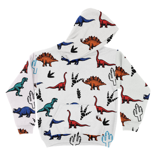 Dino Print White Fleece Long Sleeve Hoodie