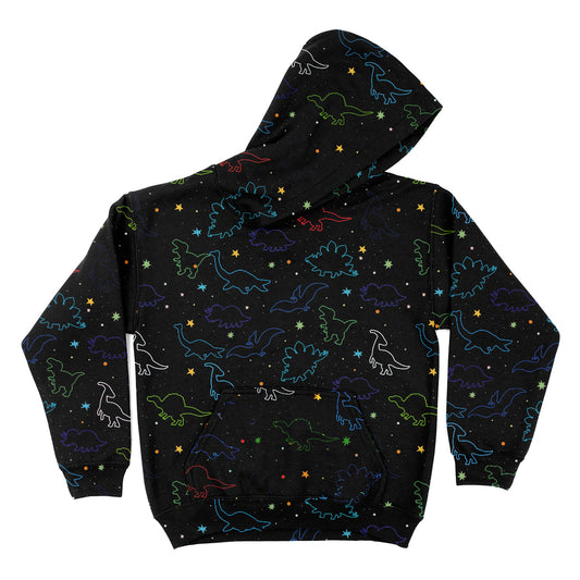 Dinos and Stars Print Black Fleece Long Sleeve Hoodie