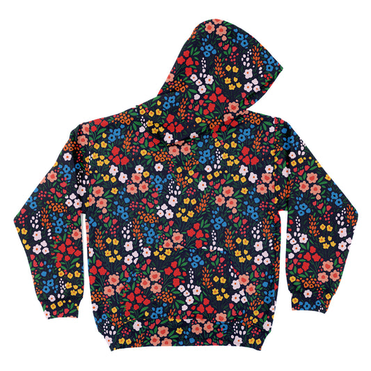 Flowers Print Navy Fleece Long Sleeve Hoodie