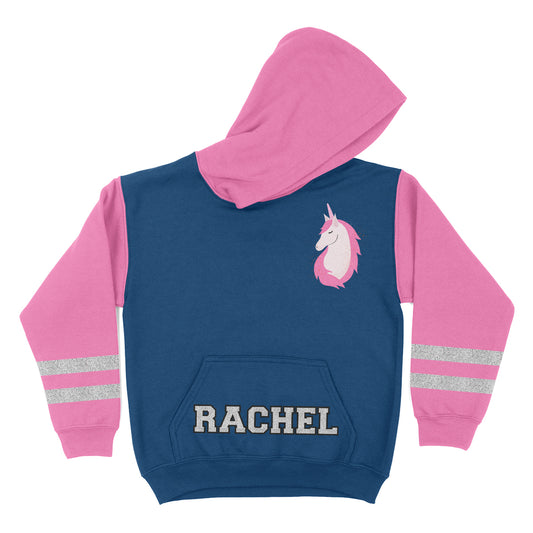 Unicorn Personalized Name Navy and Pink Fleece Long Sleeve Hoodie