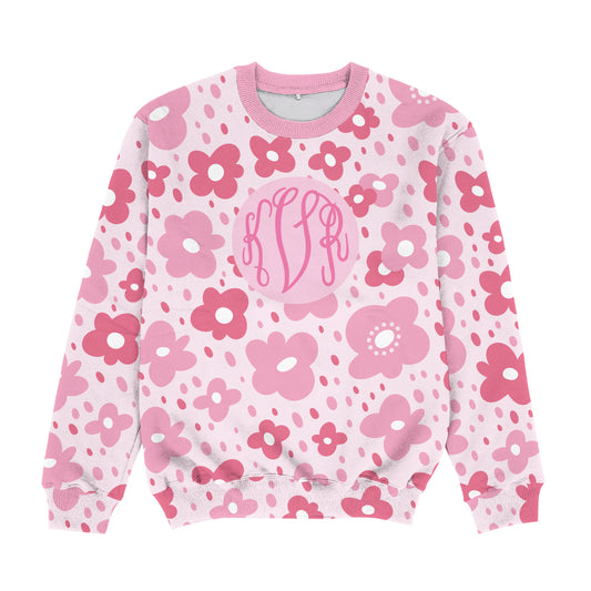 Flowers Print Personalized Monogram Pink Crewneck Sweatshirt