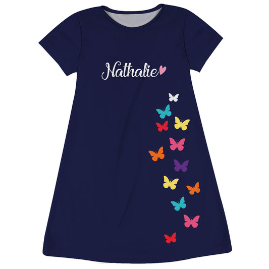 Butterflies Personalized Name Navy and White Short Sleeve A Line Dress