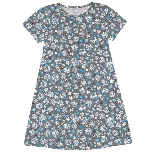 Flowers Print Gray Short Sleeve A Line Dress
