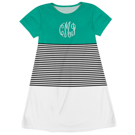 Personalized Monogram Mint Black and White Stripes Short Sleeve A Line Dress