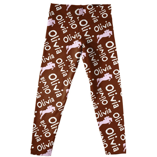 Equestrian Personalized Name Print Dark Brown Leggings - Wimziy&Co.