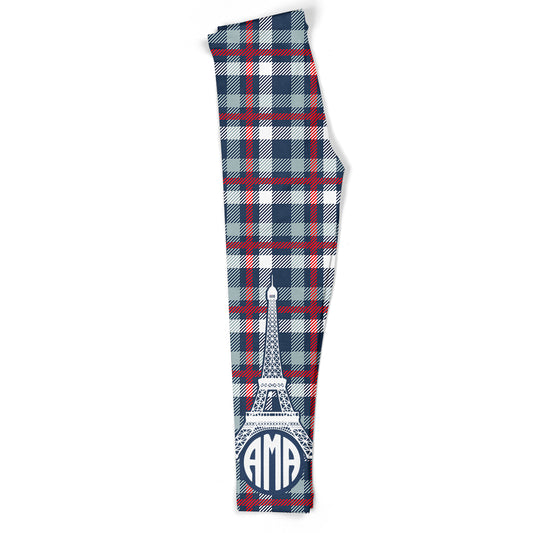 Eiffel Tower Monogram Red and Navy Plaid Leggings