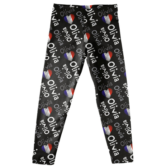 France Flag And Name Print Black Leggings