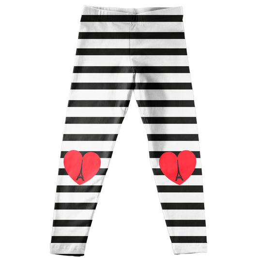Eiffel Tower Hearts White and Black Stripes Black Leggings