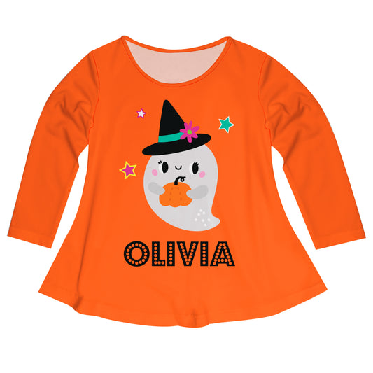 Cute Ghost Peronalized Name Orange Long Sleeve Laurie Top