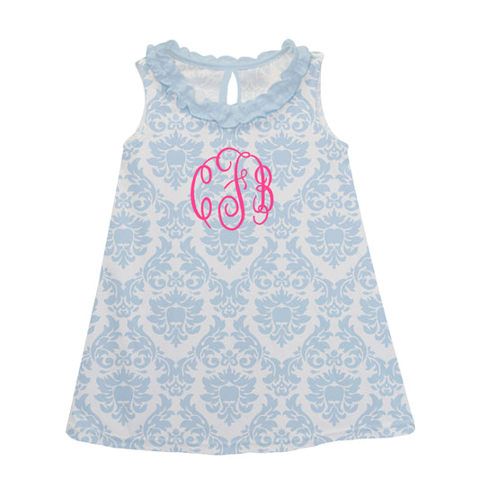 Personalized Monogram Damask Light Blue A Line Dress