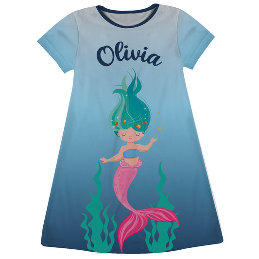 Mermaid Personalized Name Blue Degarde Short Sleeve A Line Dress